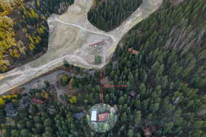 Aerial view of property and surrounding area featuring property boundaries highlighted and a forest