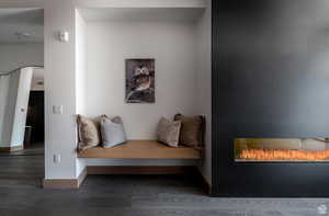 Living area featuring wood finished floors, arched walkways, and a glass covered fireplace