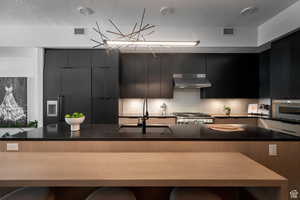Kitchen with modern cabinets, a kitchen island with sink, dark cabinetry, stainless steel appliances, and range hood