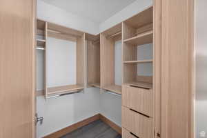 Walk in closet featuring dark wood-type flooring