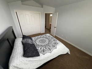 Bedroom featuring dark colored carpet, lofted ceiling, and a closet