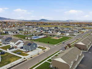 Aerial perspective of suburban area with mountains