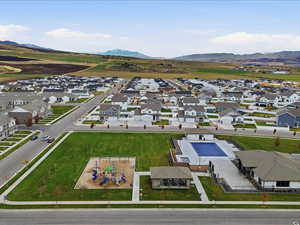 Aerial perspective of suburban area featuring mountains