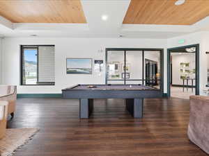Game room featuring wood ceiling, billiards table, and recessed lighting