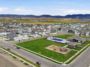 Aerial perspective of suburban area featuring mountains