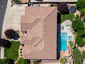 Drone / aerial view of a pool area