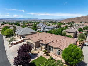 Aerial view of residential area with a mountain backdrop