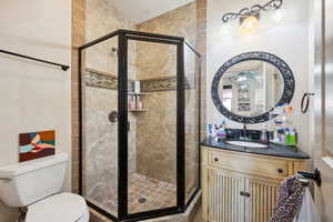 Full bath featuring vanity and a shower stall