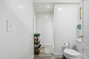 Bathroom featuring wood finished floors and a shower stall