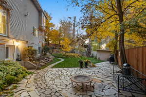 Fenced backyard with a patio area and a grill
