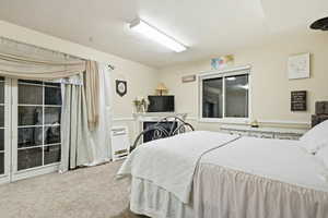 Bedroom featuring light colored carpet
