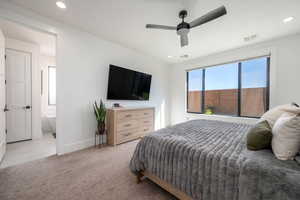 Bedroom featuring light carpet, recessed lighting, ceiling fan, and light tile patterned floors