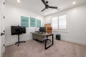 Home office featuring light carpet, recessed lighting, and ceiling fan