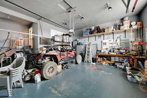 Garage with a workshop area
