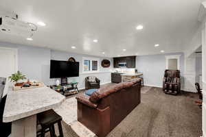Living area with dark carpet and recessed lighting