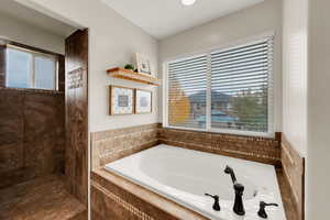 Full bath with a bath and a walk in shower