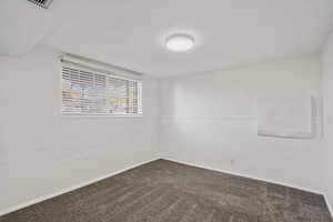 Empty room with dark carpet and a textured wall