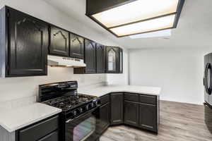 Kitchen with black appliances, light wood-type flooring, a peninsula, under cabinet range hood, and dark cabinets