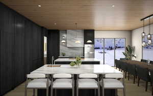 Kitchen with Wolf appliances & dining area with mountain & lake views.