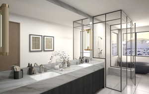 Primary suite with hardwood floors, wood ceilings, and forever views.