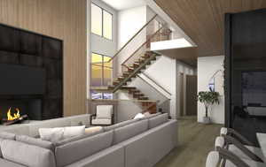 2-story great room with a wood-burning fireplace and glass railings, with a staircase in the background.