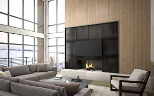 2-story great room area featuring views mountain & lake, hardwood floors, a wood-burning fireplace, and 2-story ceilings.