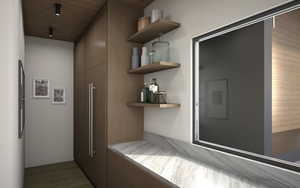 Pantry featuring hardwood flooring and a wooden ceiling