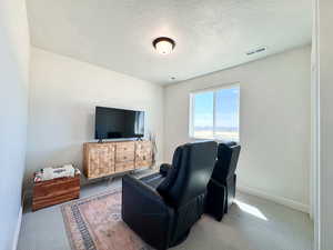 Living area with carpet floors and a textured ceiling
