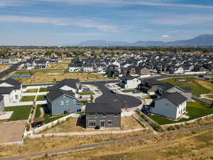 Aerial perspective of suburban area featuring mountains