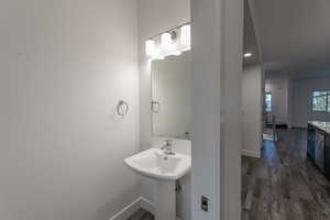 Bathroom with dark wood finished floors and recessed lighting