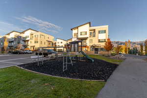 Community playground with a lawn