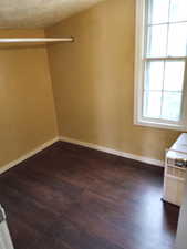 Walk in closet featuring dark wood-style flooring. APT 3