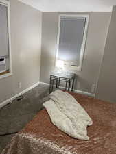 Carpeted bedroom featuring baseboards. APT 1