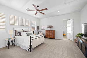 Bedroom featuring light carpet, recessed lighting, and ceiling fan