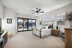 Bedroom featuring light colored carpet, access to outside, ceiling fan, and recessed lighting