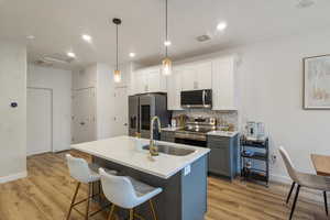 Kitchen featuring white cabinets, pendant lighting, appliances with stainless steel finishes, backsplash, and light wood-type flooring