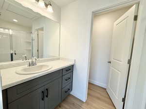Bathroom with vanity, a shower stall, and light wood finished floors