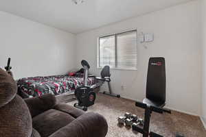 Bedroom featuring carpet and baseboards