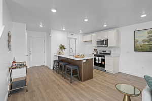 Kitchen with a kitchen bar, a peninsula, white cabinets, appliances with stainless steel finishes, and light wood finished floors