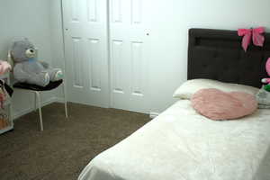 Carpeted bedroom featuring a closet