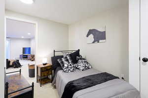 Carpeted bedroom featuring recessed lighting