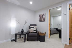 Sitting room with light carpet and recessed lighting