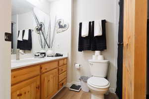 Bathroom featuring vanity, curtained shower, and light wood-style flooring