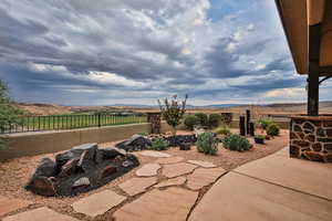 View of patio with a mountain view