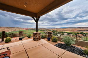 View of patio featuring a mountain view