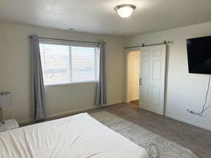 Carpeted bedroom featuring a barn door and baseboards