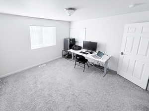 Office featuring light colored carpet