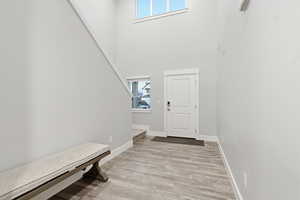 Entrance foyer with light wood-style flooring, a towering ceiling, and stairway
