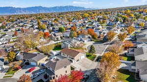 Aerial view of residential area with mountains