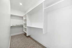 Walk in closet with light colored carpet